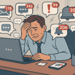 Tietotulvassa painiskeleva toimistotyöläinen. Kuvan piirsi Copilot.