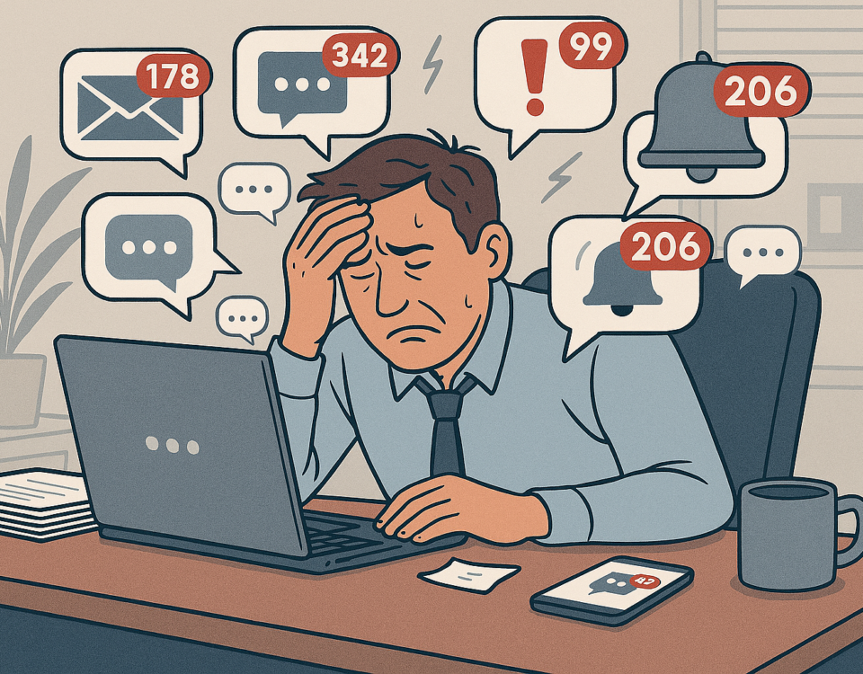 Tietotulvassa painiskeleva toimistotyöläinen. Kuvan piirsi Copilot.